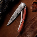 Deejo Tattoo 37g Knife with Coral Wood Handle, Hunting Scene