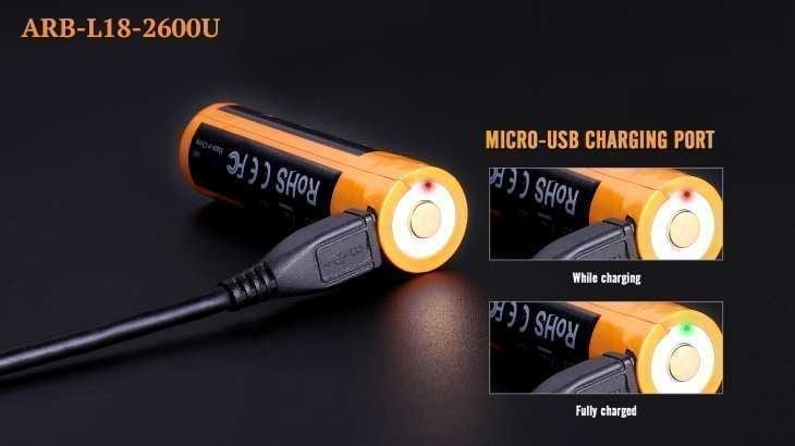 Fenix Rechargeable Battery 18650 - 2600mAh Micro USB Port