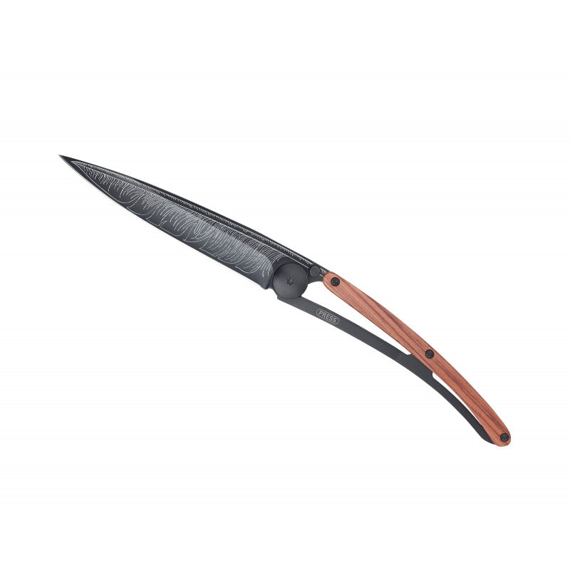 Deejo Black 37g Knife with Coral Handle, Feather