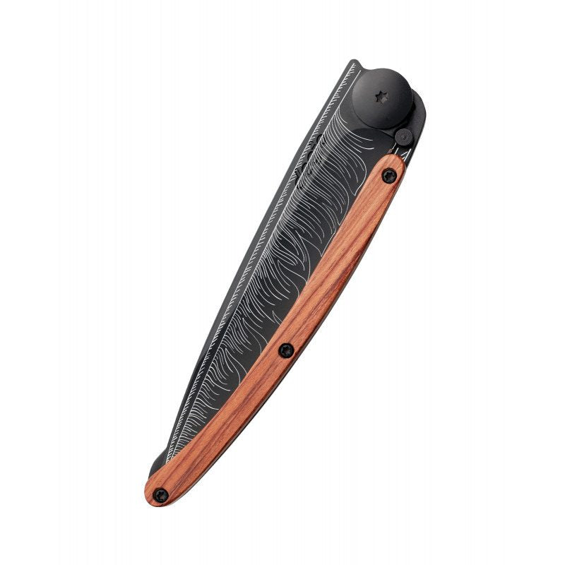 Deejo Black 37g Knife with Coral Handle, Feather
