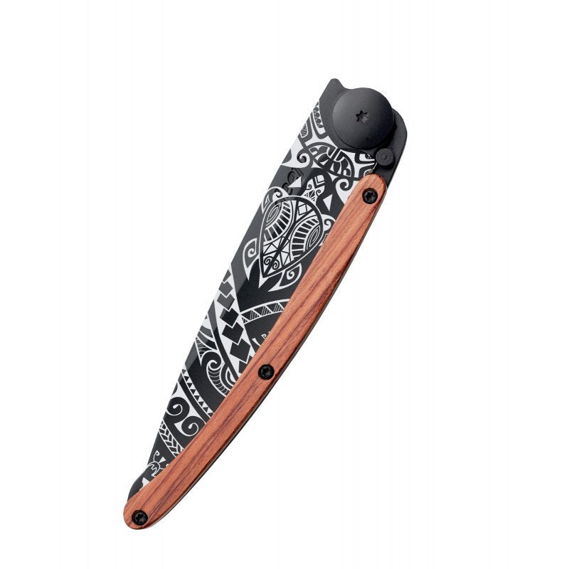 Deejo Black 37g Knife with Coral Handle, Polynesian