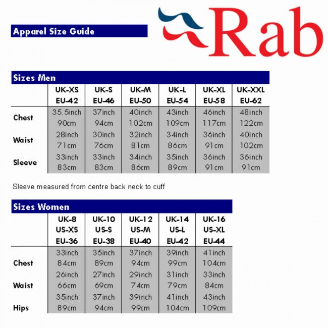 Rab womens size chart best sale
