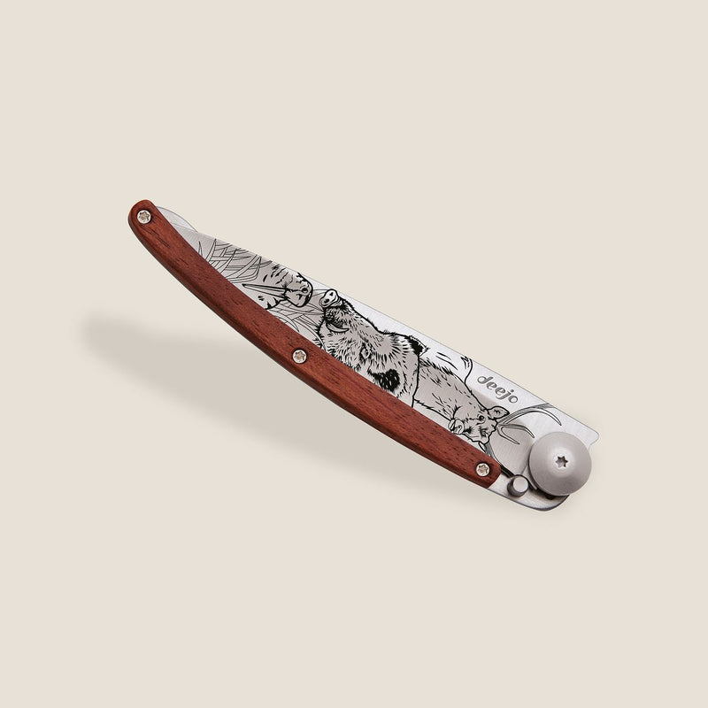 Deejo Tattoo 37g Knife with Coral Wood Handle, Hunting Scene