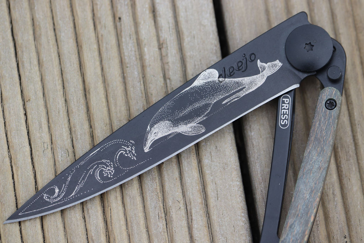 Deejo Black 37g Knife with Blue Beech Wood Handle - Hector Dolphin