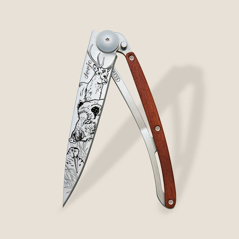 Deejo Tattoo 37g Knife with Coral Wood Handle, Hunting Scene