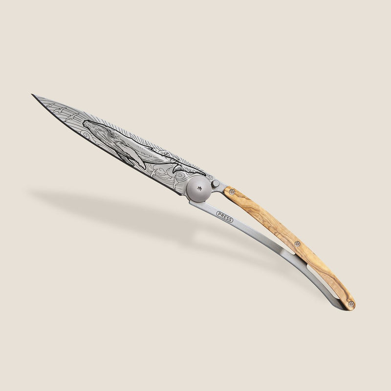 Deejo Tattoo 37g Knife with Olive Wood Handle, Whale