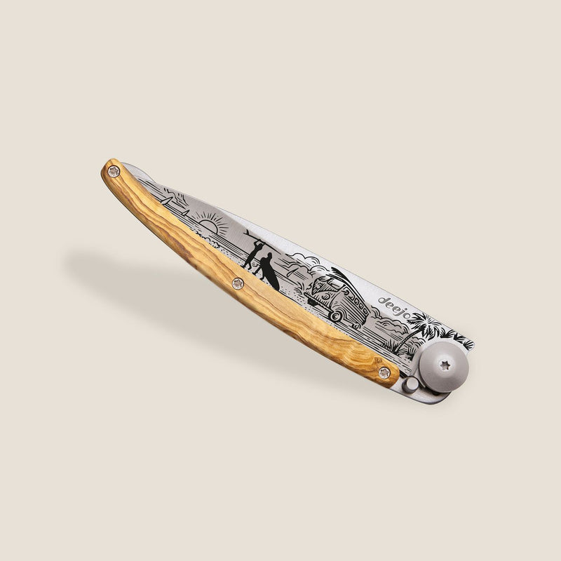 Deejo Tattoo 37g Knife with Olive Wood Handle, Van Life