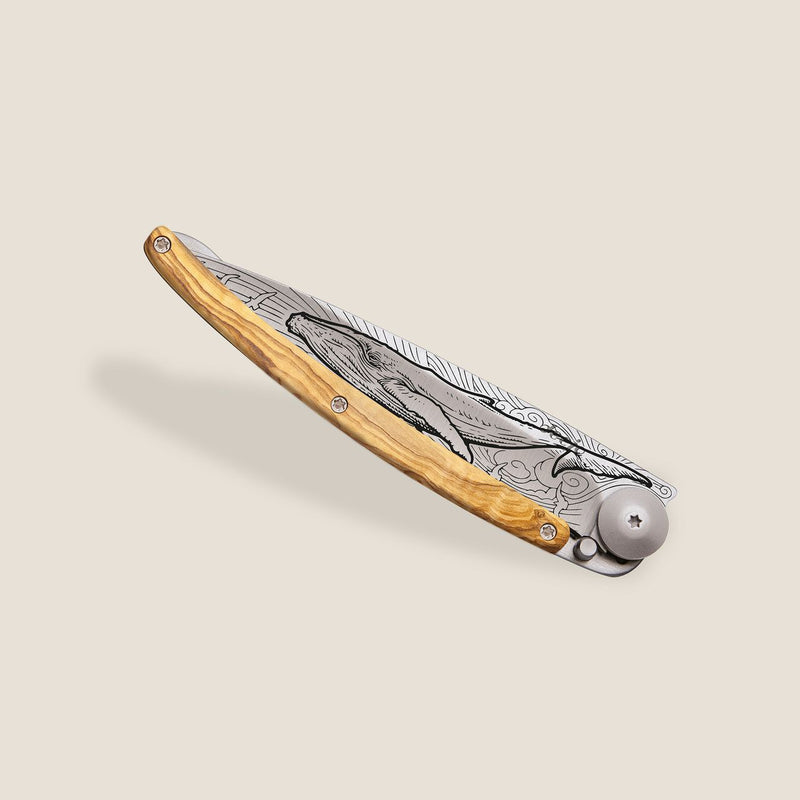 Deejo Tattoo 37g Knife with Olive Wood Handle, Whale