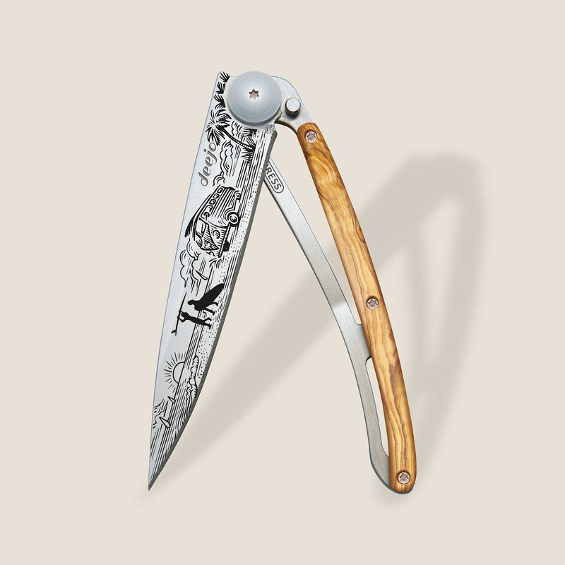 Deejo Tattoo 37g Knife with Olive Wood Handle, Van Life