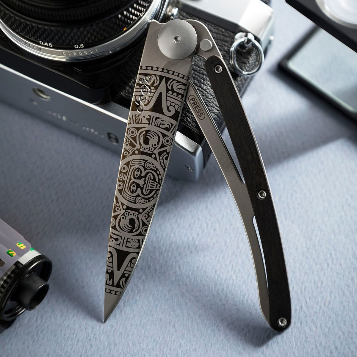 Deejo Wood 37g Knife Ebony Handle - Aztec Sun