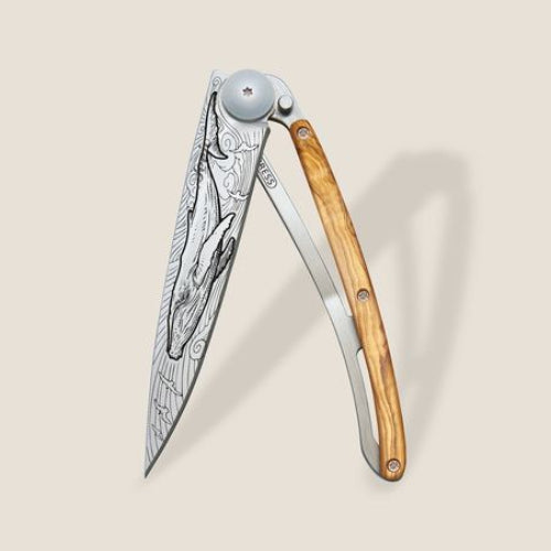 Deejo Tattoo 37g Knife with Olive Wood Handle, Whale