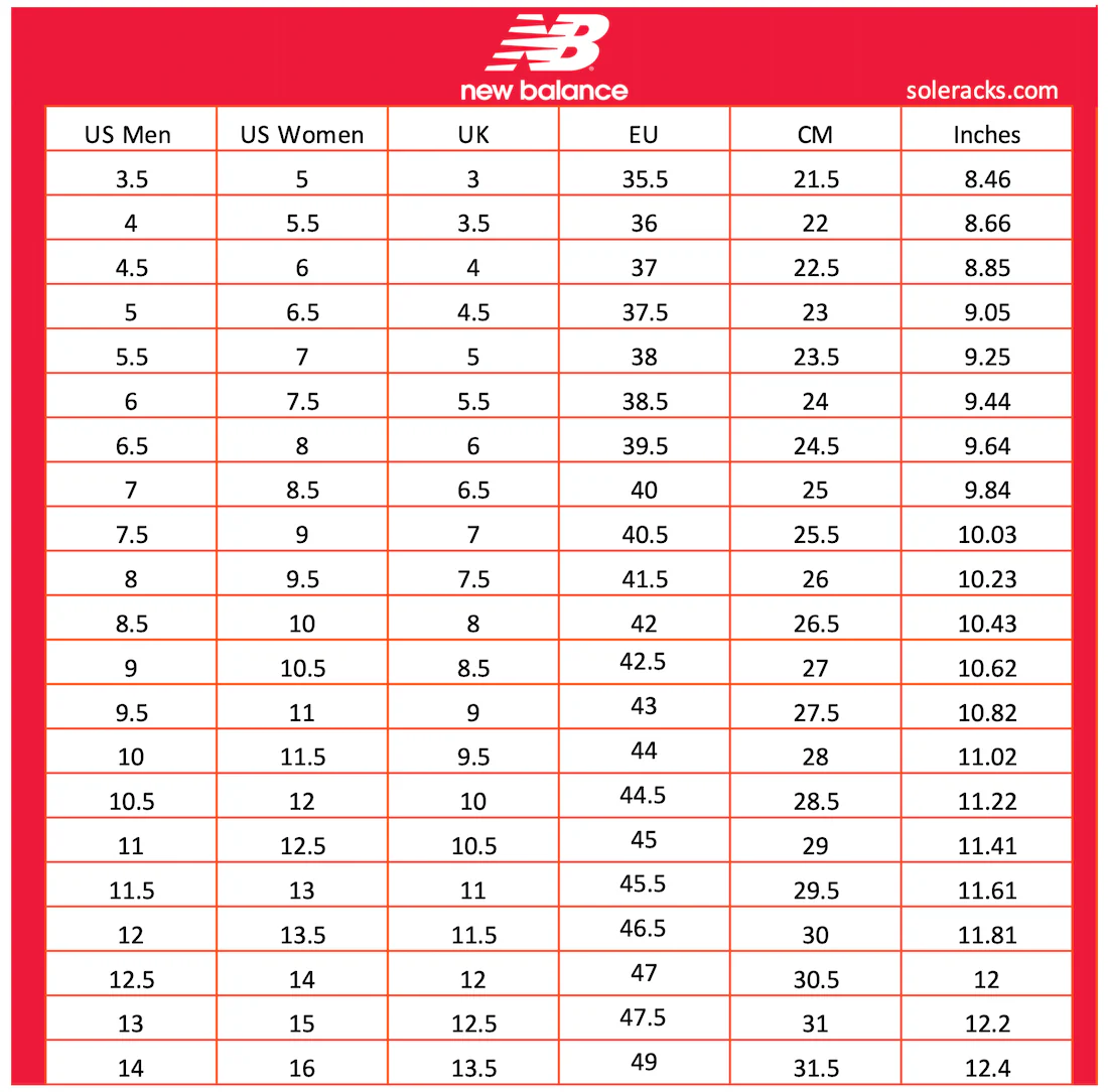 New balance jersey size chart on sale