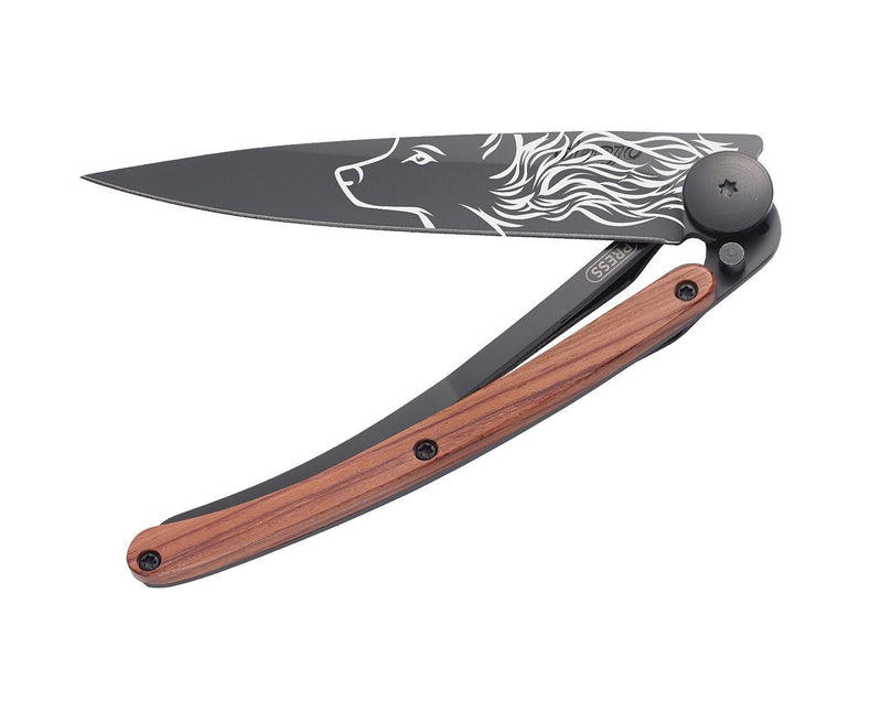 Deejo Black 37g Knife with Coral Handle, Wolf