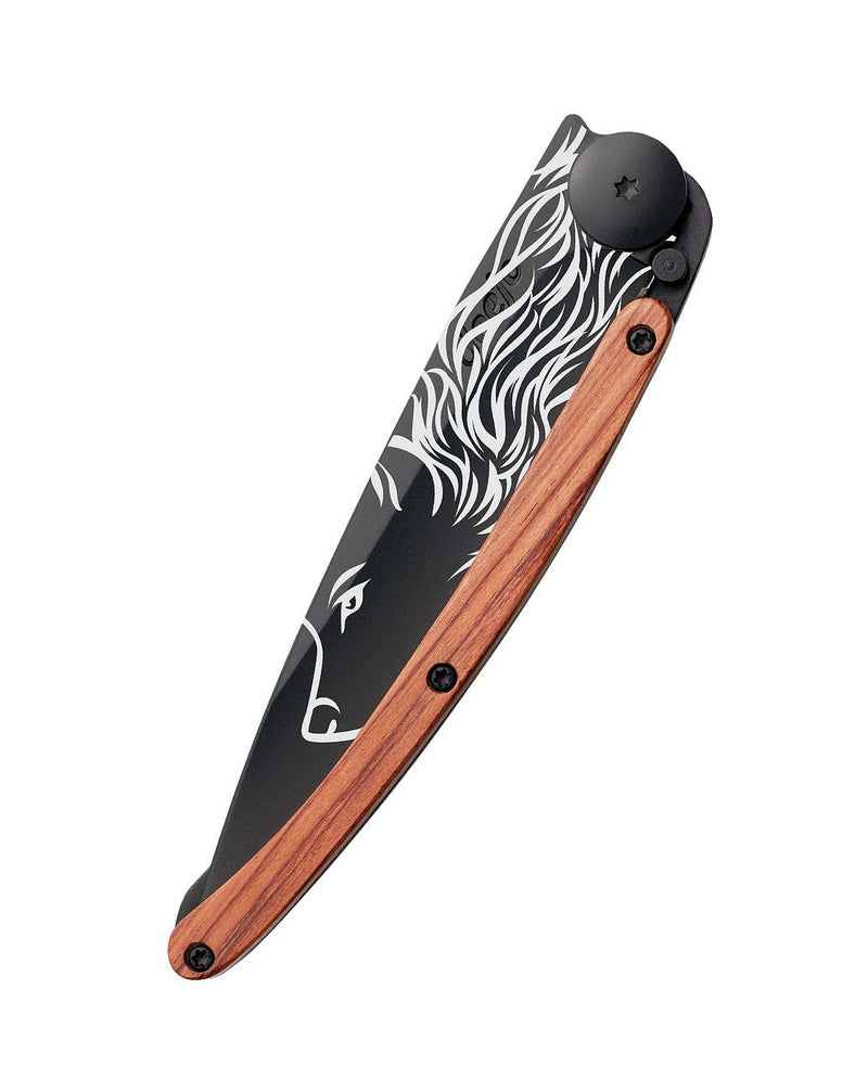 Deejo Black 37g Knife with Coral Handle, Wolf