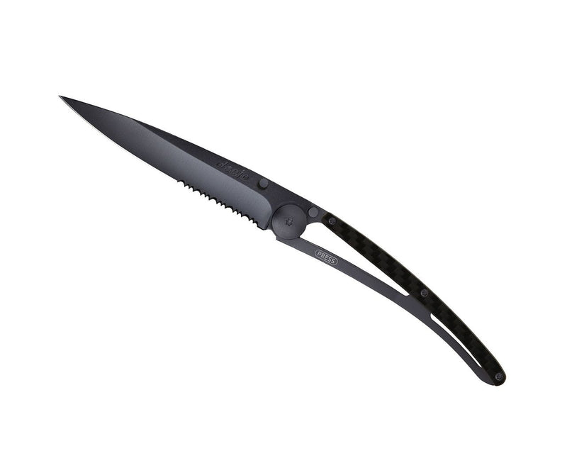 Deejo Serrated Black 37g Knife with Carbon Fibre Handle