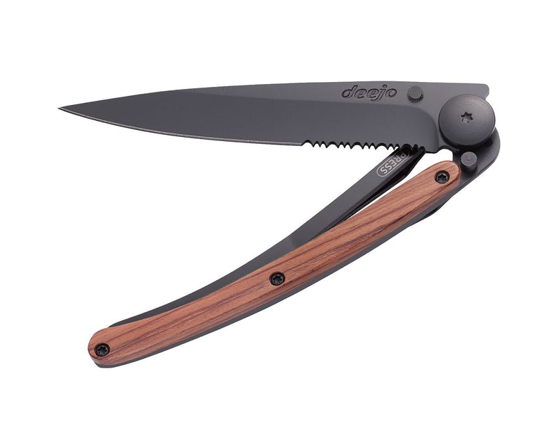 Deejo Serrated Black 37g Knife with Coral Handle