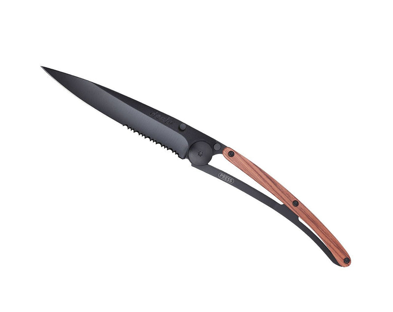 Deejo Serrated Black 37g Knife with Coral Handle