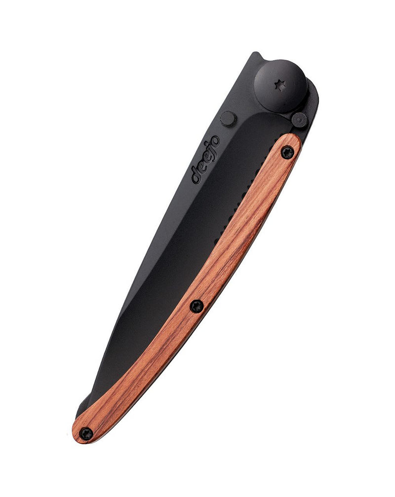 Deejo Serrated Black 37g Knife with Coral Handle