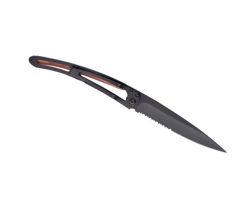 Deejo Serrated Black 37g Knife with Coral Handle