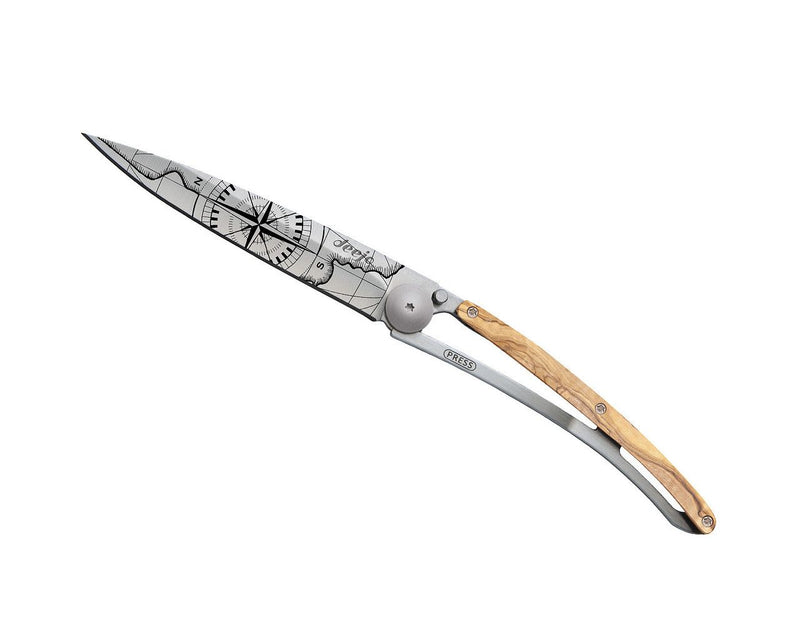 Deejo Tattoo 37g Knife with Olive Wood Handle, Terra Incognita