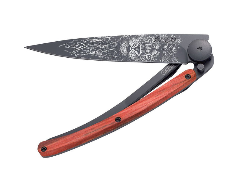 Deejo Black 37g Knife with Red Beech Wood Handle, Lion