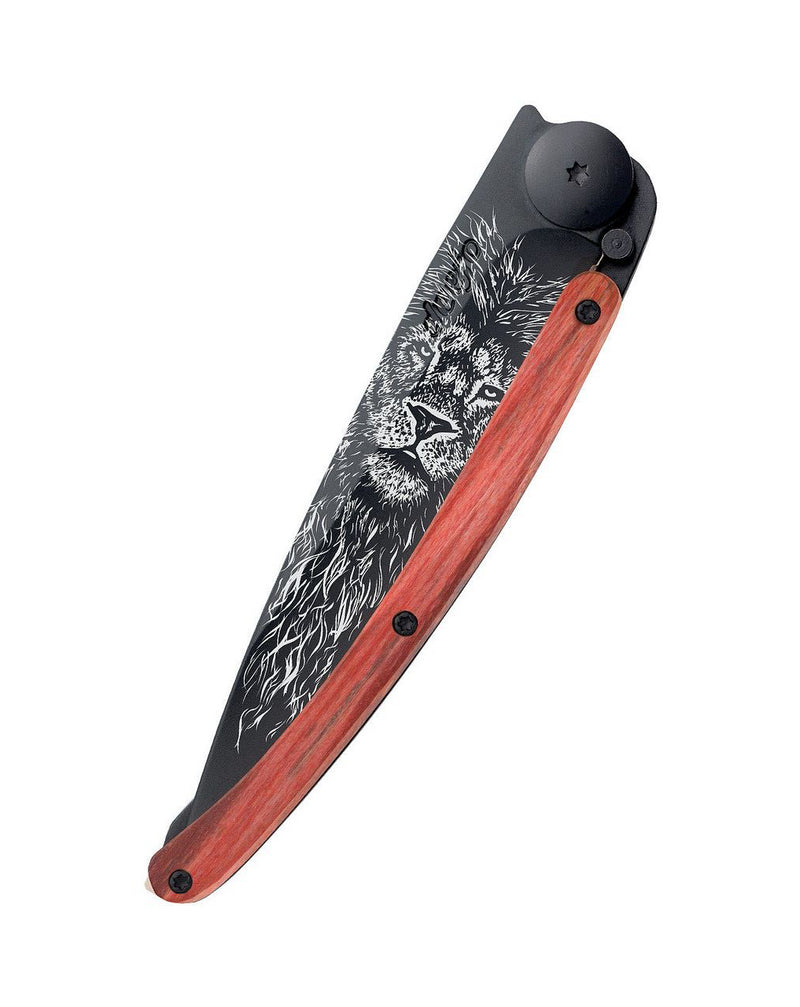 Deejo Black 37g Knife with Red Beech Wood Handle, Lion