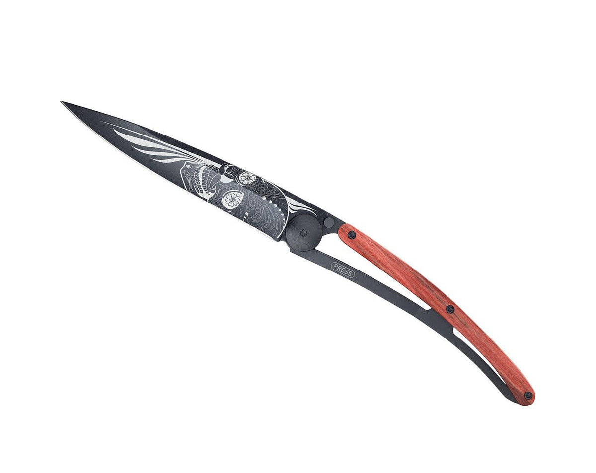 Deejo Black 37g Knife with Red Beech Wood Handle, Latino Skull