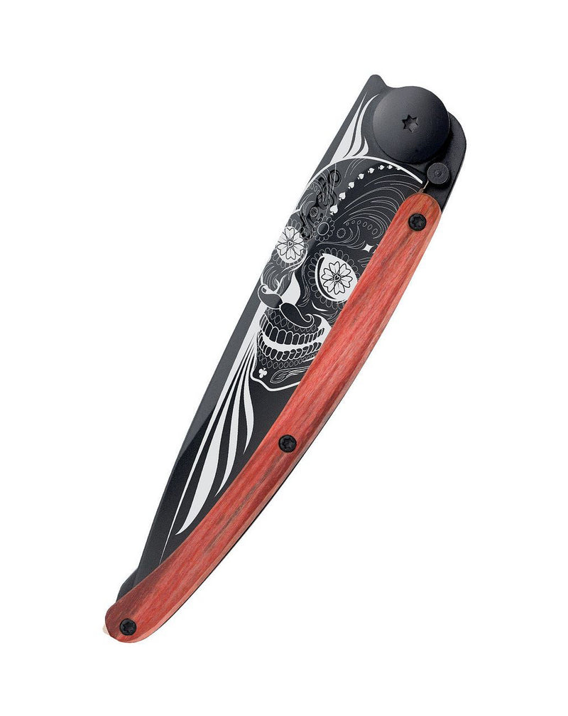 Deejo Black 37g Knife with Red Beech Wood Handle, Latino Skull