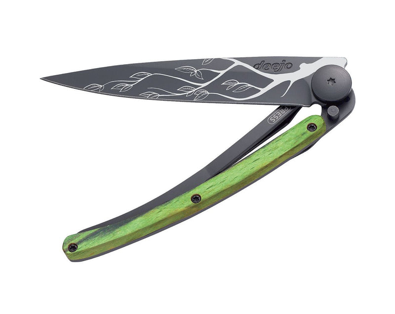 Deejo Black 37g Knife with Green Beech Wood Handle, Tree