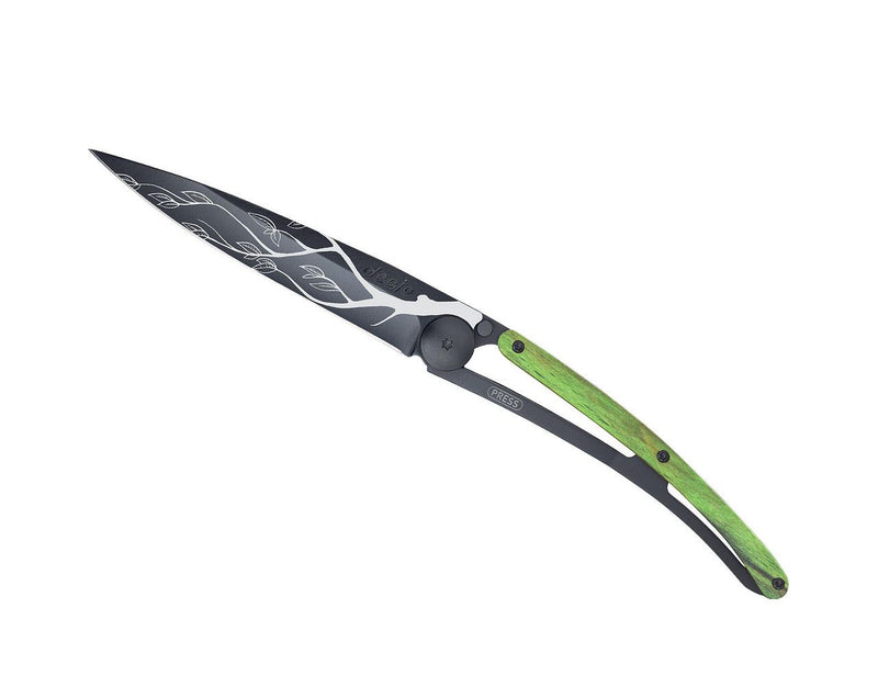 Deejo Black 37g Knife with Green Beech Wood Handle, Tree