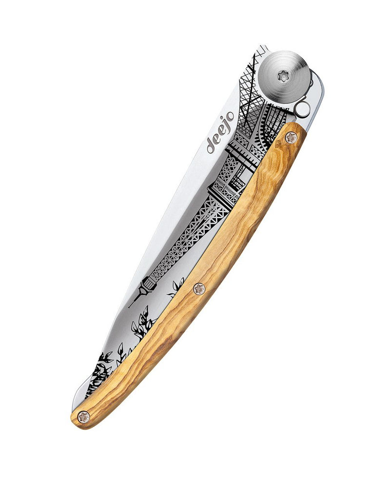 Deejo Mirror 37g Knife with Olive Wood Handle, Eiffel Tower