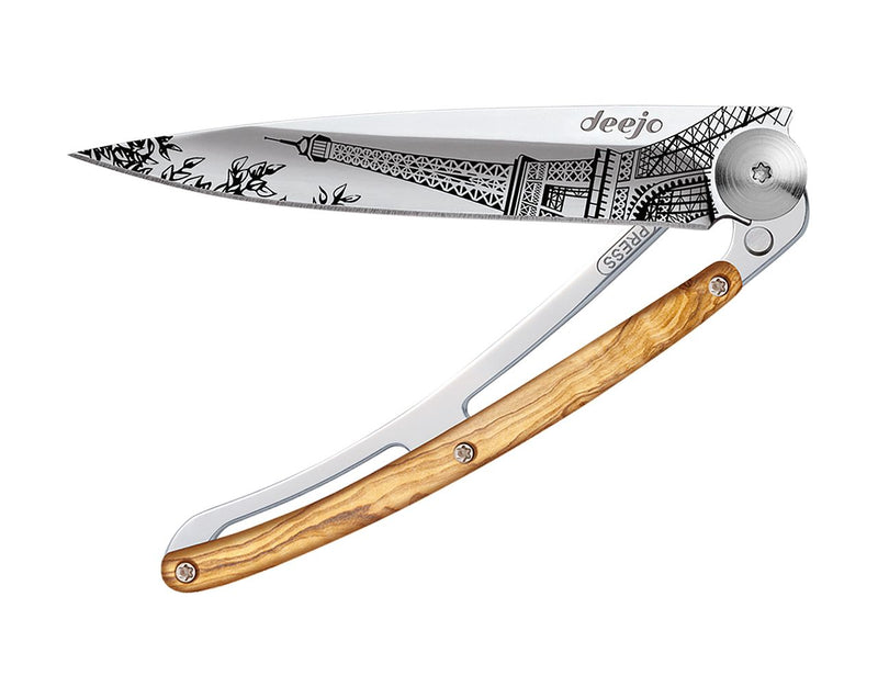 Deejo Mirror 37g Knife with Olive Wood Handle, Eiffel Tower