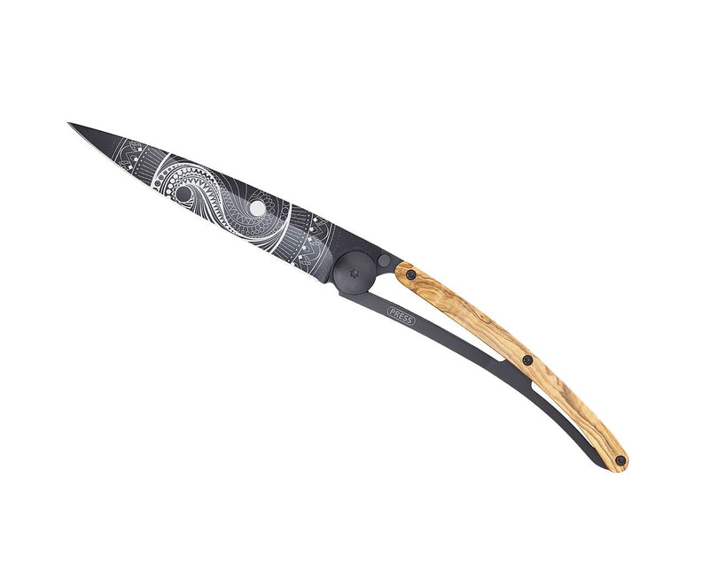 Deejo Black 37g Knife with Olive Wood Handle, Yin & Yan