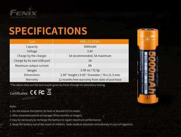 Fenix Rechargeable 5000mAh 21700 Battery Type-C USB