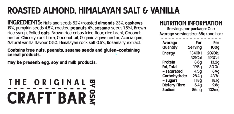 The Original Craft Bar Roasted Almond, Himalayan Salt & Vanilla Bar, 65g