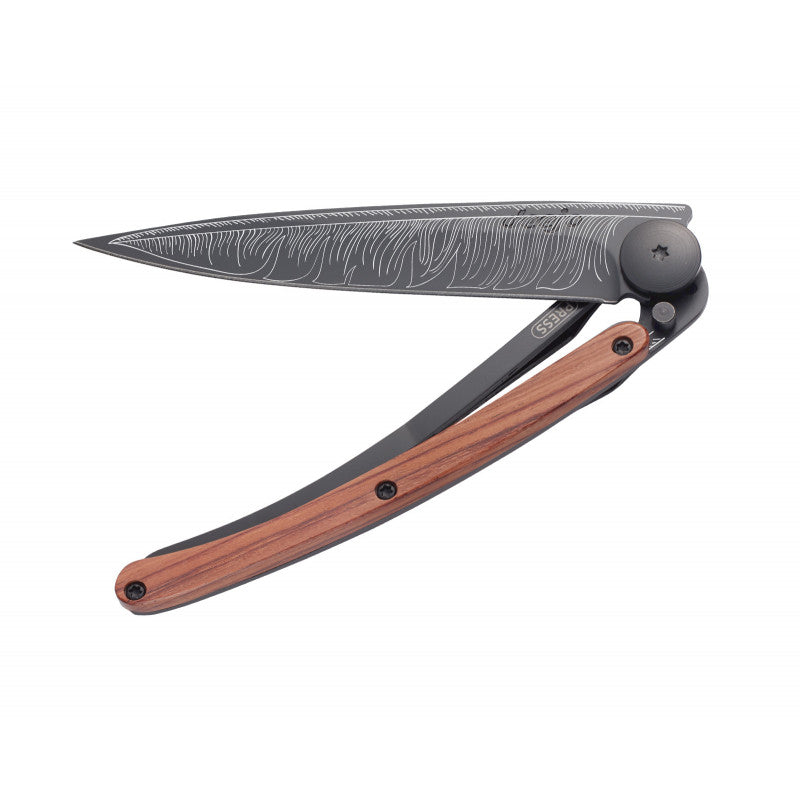 Deejo Black 37g Knife with Coral Handle, Feather