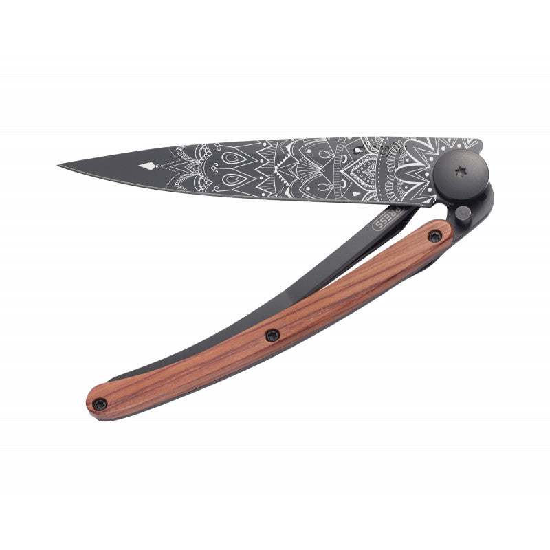 Deejo Black 37g Knife with Coral Handle, Mandala