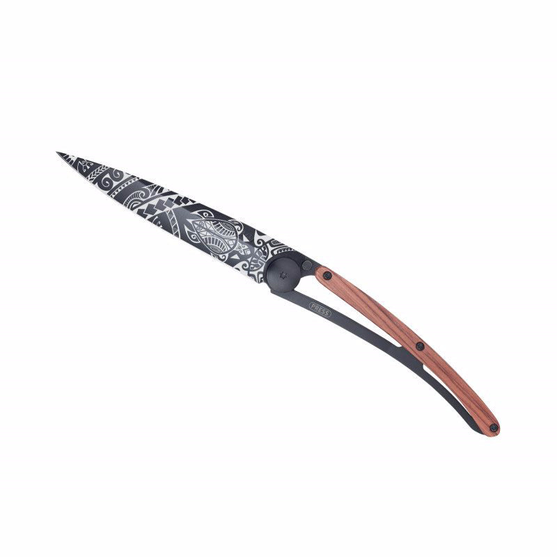 Deejo Black 37g Knife with Coral Handle, Polynesian