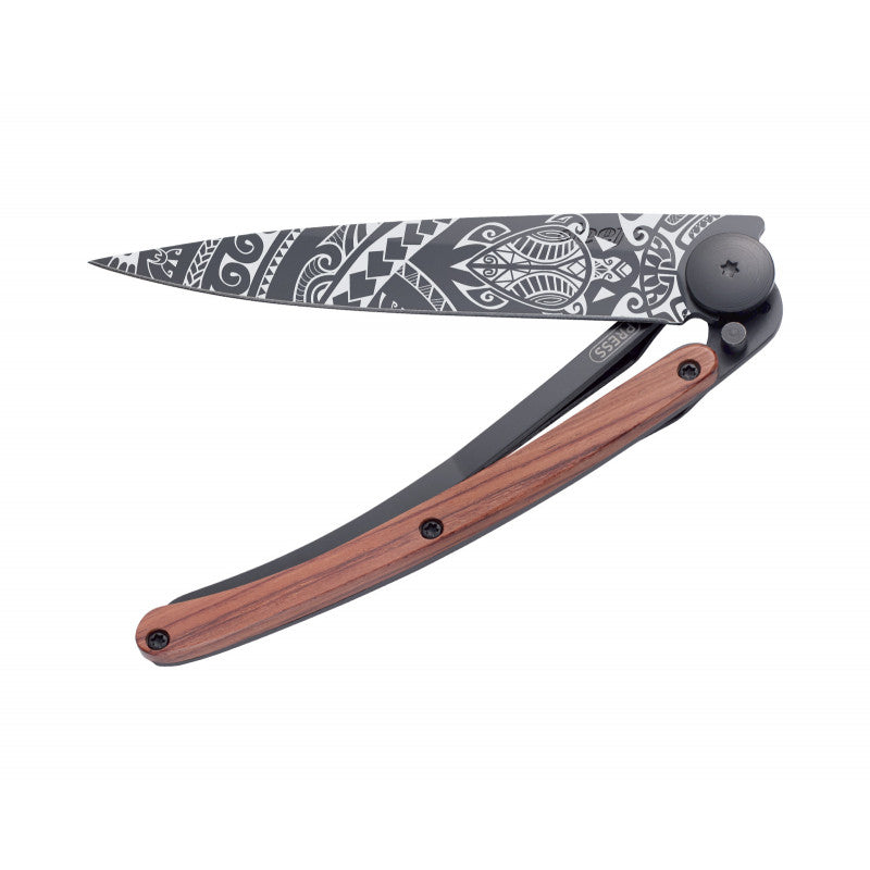 Deejo Black 37g Knife with Coral Handle, Polynesian