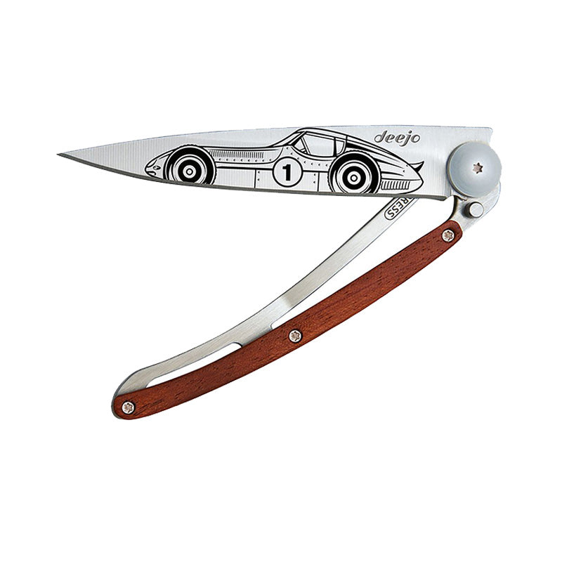 Deejo Tattoo 37g Knife with Coral Handle, Racing Car