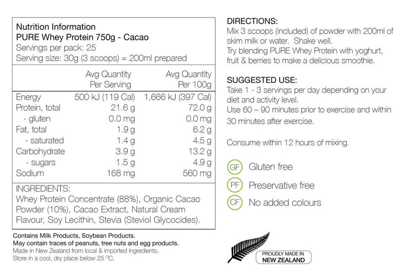 Pure Whey Protein Organic Concentrate, 750g, Cacao